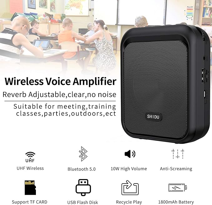 SHIDU Mini Voice Amplifier Portable Bluetooth Speaker with UHF Wireless Microphone Headset 10W 1800mAh PA system Supports MP3 Format Audio for Teachers, Coaches, Training, Tour Guide.