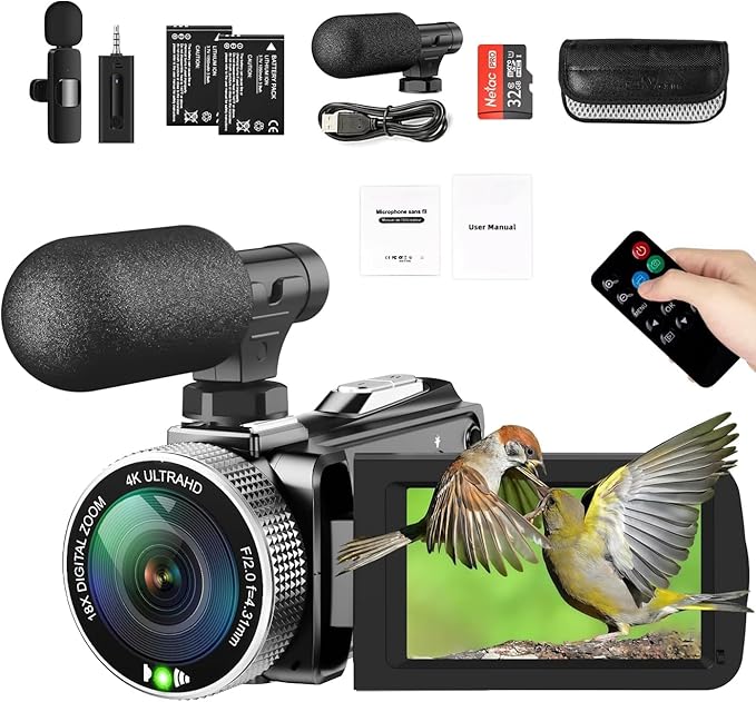 4K Video Camera Camcorder - 48MP 30FPS with Wireless Lavalier Mic & External Mic | 3" Ultra HD Screen, 18X Digital Zoom | Vlogging/YouTube Recorder + 32GB SD Card Included