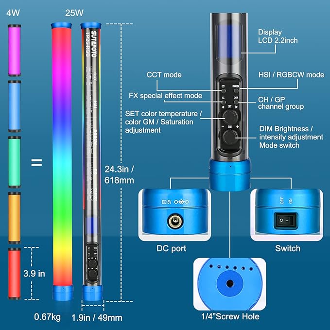 24.3" Large Handheld Light Wand, 2600 lumens RGB LED Video Light 360° Full Colors, RGB Tube Light for Photography Light Stick, CRI 98+, 2800K-10000K /Rechargeable Battery/LCD Display