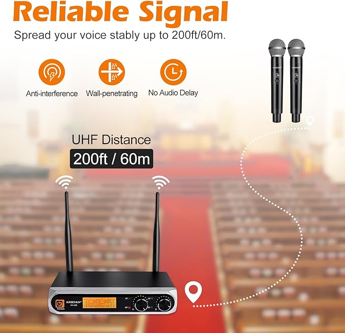 Wireless Microphone System, Dual UHF Handheld Microphones, 200ft Long Range, Plug & Play, Cordless Microphone for Singing, Karaoke, DJ, Church, Wedding, Home KTV (KA-328)