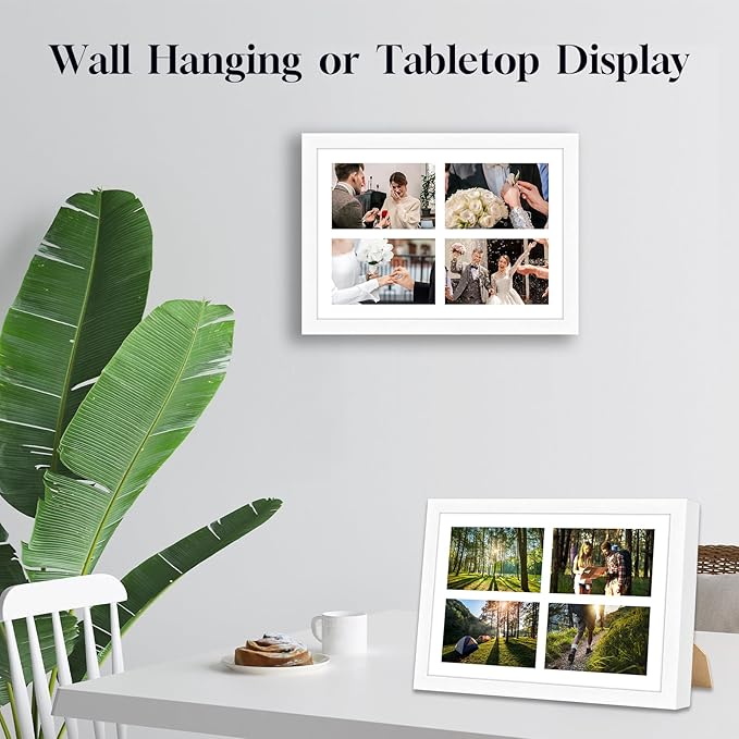 4"x6" Photo Collage Frame 4 Openings, 9.5"x13.5" Multi Picture Frame Collage Wall Decor, White Frame with White Mat, Wood