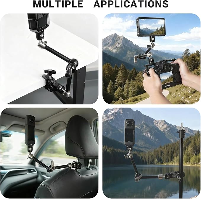 Heavy-Duty Articulating Magic Arm Mount with Super Clamp, 360° Dual Ball Head & 1/4" ARRI Locating Pin&Holes, Camera Monitor Mount for Action Camera Video LED Light (11" Magic Arm)
