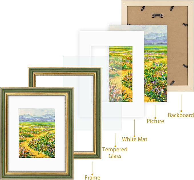Golden State Art,9x12 Ornate Picture Frame for 6x8 Photo with Mat or 9 x 12 Prints without Mat, Real Glass Wall Display Horizontally or Vertically (Color:Green Gold)