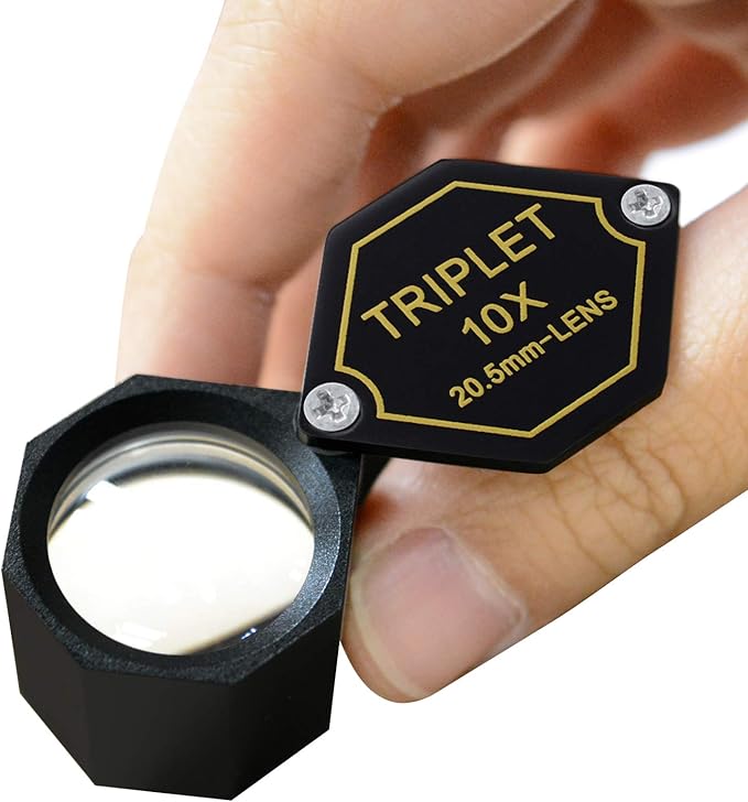 10x Magnifier Jewelry Loupe 20.5mm Triplet Lens Optical Glass Pocket Gem Magnifying Tool for Jeweler, Stamp Philatelist, Coin Numismatic, Achromatic Black Hexagonal Design Kit Set