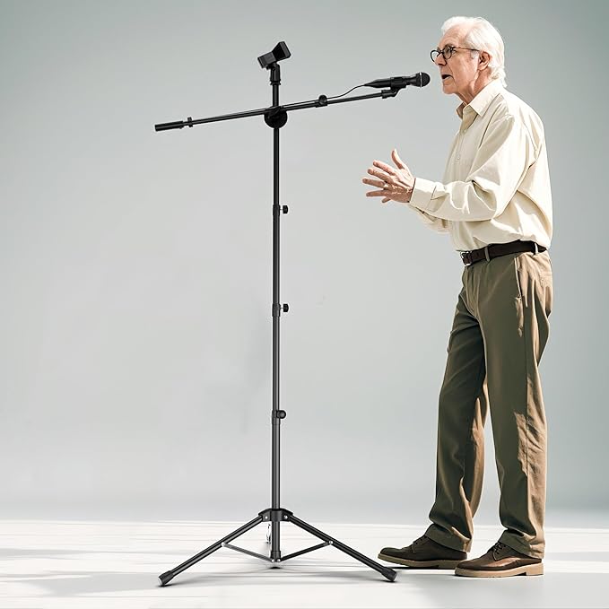 Microphone Stand Floor 2 Mic Clips Foldable Mic Stands Heavy Duty Tripod Boom Arm with 2 Screws Adapter 2 Foam Covers and Carrying Bag for Singing Karaoke Stage HLS03