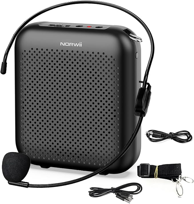 Norwii Bluetooth Voice Amplifier, Power Amplifiers, Portable Mini Wired Microphone Headset for Teacher Classroom & Outdoor Lectures, Teaching, Tour Guides, USB-C Rechargeable - 2000mAh, Black