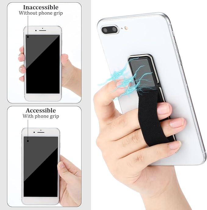 4 Pieces Phone Grip Strap Telescopic Phone Kickstand Elastic Finger Holer Hand Strap Adhesive Loop for Phone Grip with Stand Compatible with Most Smartphones (Black, Silver)