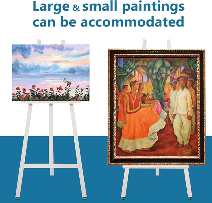 Somime A - Frame Wooden Display Easel - Adjustable Lyre Beechwood Studio Easel Stand Holding Canvas Up to 90", Inclinable Artist Floor Painting Easel for Artwork Painting, White