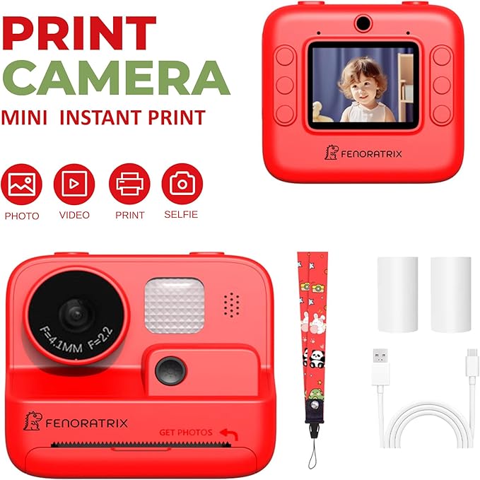 Instant Print Camera for Kids – No Ink Needed, 2.4" Screen, Selfie & 1080P Video, 10X Zoom, 3 Paper Rolls, Stickers & Markers, Fun Creative Gift for Boys & Girls Ages 3 4 5 6 7 8 9 10 – FENORATRIX RED