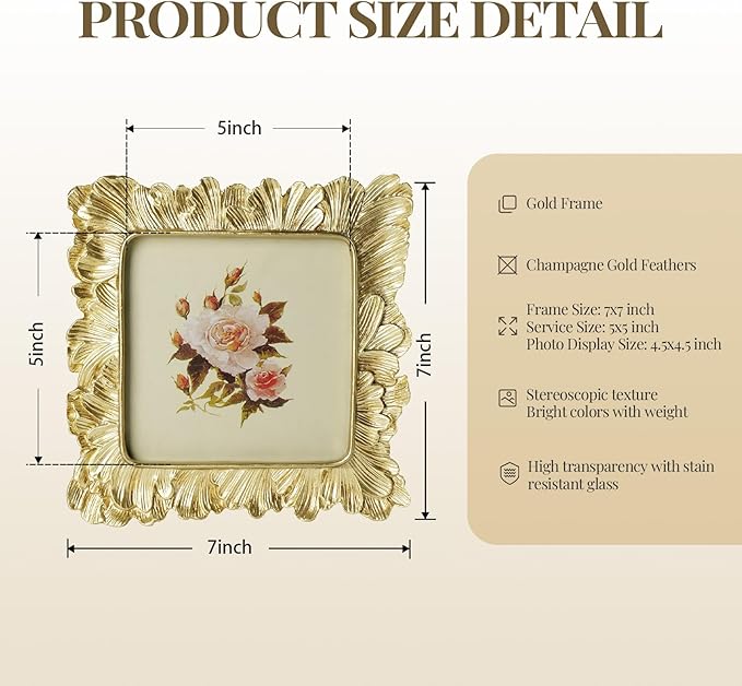 Cuspin 5x5 Picture Frame Gold Frames, Vintage Ornate Frame Palm Leaves Textured Hand-Crafted Resin with Glass Front, Elegant Retro Photo Frame for Wall Hanging and Tabletop Display Home Decor