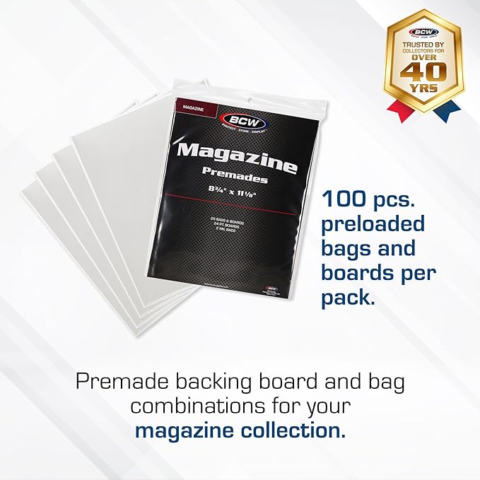 BCW Magazine Bags and Boards – (100 Pack) | Premade Non-Resealable Magazine Protectors | Standard Size 8 ¾" x 11 ⅛" | Magazine Sleeves and Boards Pre-Loaded for Storage and Display