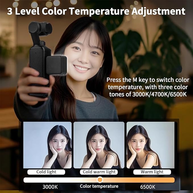 Magnetic Mini Light for DJI Osmo Pocket 3 Action 4/5/Pro Creator Combo Accessories, 2W 600mAh Rechargeable LED Fill Light, 3 Color Modes, 4 Levels Brightness, IPX4 Water Resistance