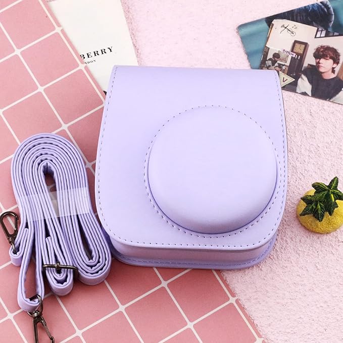 Frankmate Protective Case Compatible with Fujifilm Instax Mini 12 11 9 8 Instant Film Camera with Pocket and Adjustable Strap (Purple)