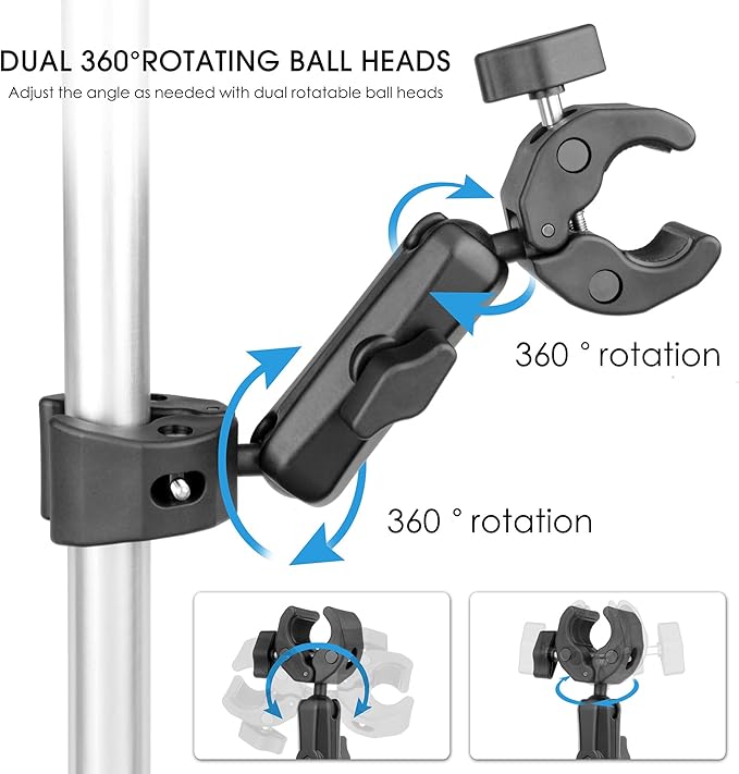 Double Super Clamp Camera Mount with Magic Arm for Chair/Photography Reflector/Light/Pole, Umbrella Clamp with 360° Rotation Double Ball Head Adapter for Golf Push Carts/Strollers/Wagons