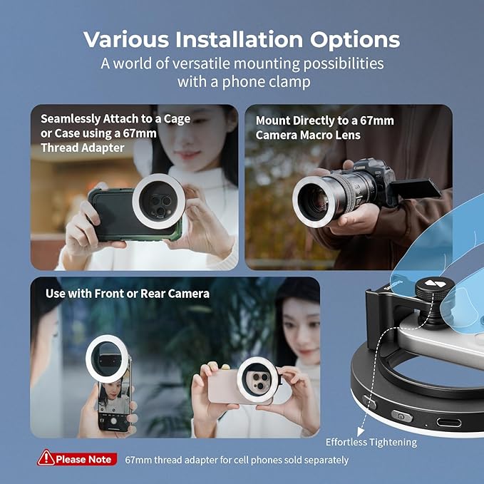 SmallRig Vibe P30 67mm Ring LED Video Light, Compact Powder-Size Bi-Color Light with High CRI ≥90, Compatible for 67mm Phone Mounts/Cases/Lenses, for Content Creation, Live Streaming, 4873