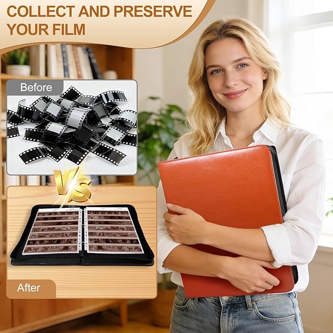 35mm Film Negative Storage Binder Album Kit - 30 Acid-Free Clear Negative Sleeves, PU Leather Storage Binder Case for Camera 135/35mm Film Negatives, Negative Page Preservers, Up to 1260 Frames, Brown