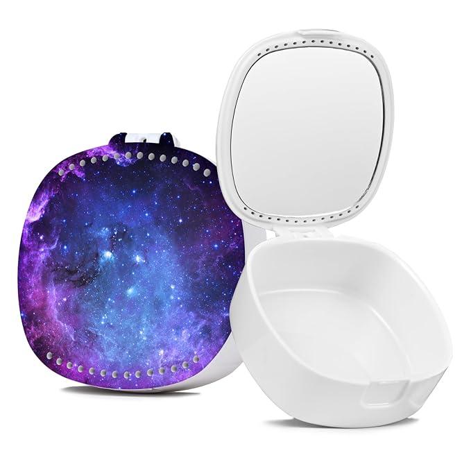 Retainer Case With Mirror and Ventilation Holes - Mouth Guard, Denture, Orthodontic Aligner, Night Guard - Purple Star