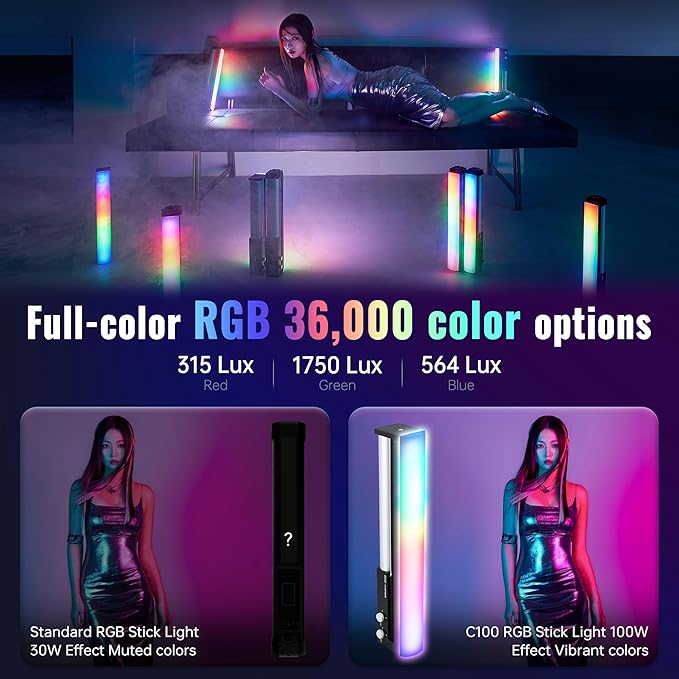 ZHIYUN CINEPEER C100 100W RGB Stick Light LED APP Control Video Light Wand 2700K-6500K CRI 95+ TLCI 98+ Continuous Output Lighting for 6 * 4500 mAh Photography 14.3" Tube Lights Standard
