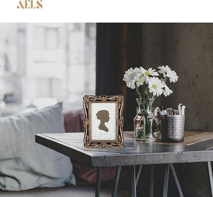 AELS 4x6 Inch Vintage Picture Frame, Elegant Antique Photo Frames with Glass Front, Photo Display, Tabletop Wall Hanging, Gift Ideas, Gold and Black