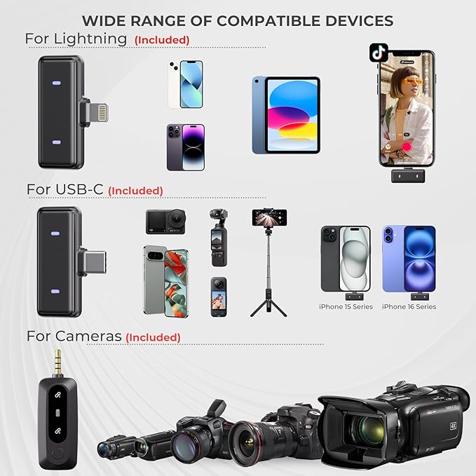 Moman Wireless Lavalier Microphone 3-in-1 Set for iPhone/Android/Camera/Laptop/PC, 48H Video Recording Active Noise Cancellation Lav Mic, Mini Clip/Magnetic Microphones for Lightning/USB-C/3.5mm