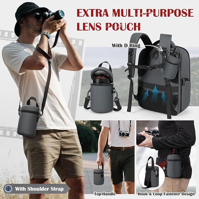 SDYSM Camera Backpack, Hardshell DSLR/SLR Camera Bag with Lens Pouch & 15.6" Laptop Compartment Waterproof Camera Case with Rain Cover Photography Backpack Compatible for Canon/Nikon/Sony/Drone,Gray