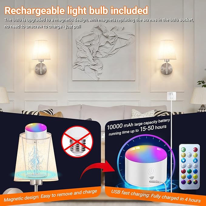 Peel and Stick Wall Sconces, No Drilling Stick On Wall Sconce, Wireless Battery Operated Wall Lights, Adhesive Wall Lamp with 10000mAh Battery Bulb for Bedroom Living Room Decor