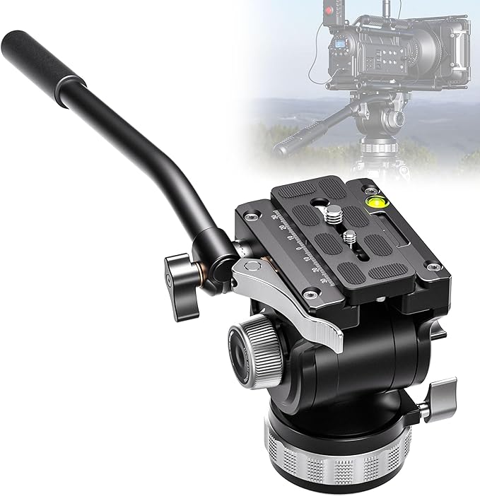 Leofoto Heavy Duty Tripod Fluid Video Head with Flat Base and Adjustable Handle, Tripod Fluid Head Pan Tilt Head with Arca Plate and Quick Release Plate for Video Camera, Max Load 22lbs (BV-15L)
