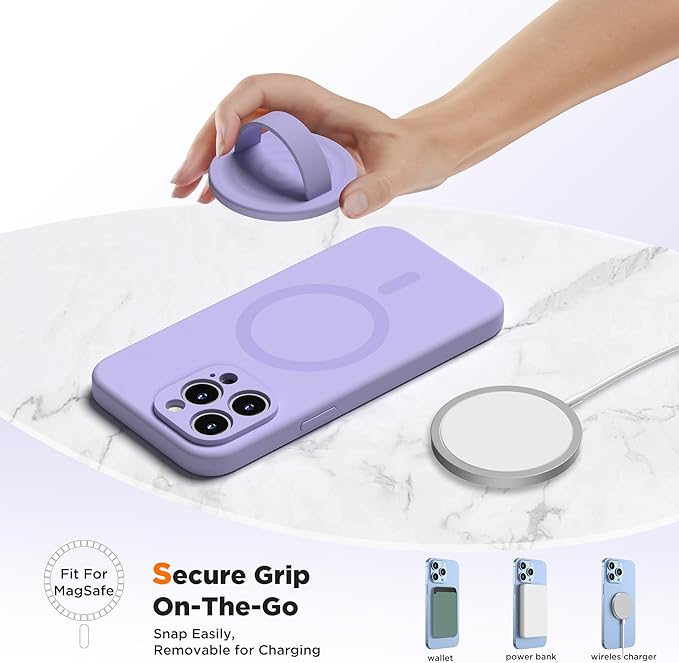 Upgraded Magnetic Phone Grip, Liquid Silicone Soft and Portable, Removable Finger Loop Ring Grip Holder for iPhone, Strong Magnetic Attraction, Compatible with MagSafe Phone Case, Lilac Purple