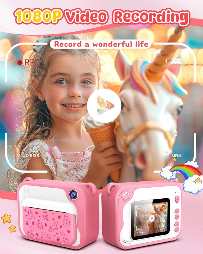 Kids Instant Print Camera for Toddlers - Ink Free Printing, Dinosaur Design, Perfect for Boys & Girls Aged 3-12 (Pink)
