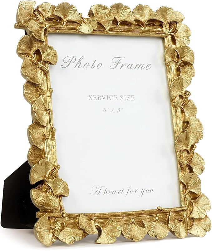 Cuspin 6x8 Picture Frame, Vintage Ornate Gold Resin Frame with Glass Front, Ginkgo Leaf Textured, Tabletop Display & Wall Hanging, Retro Home Decor
