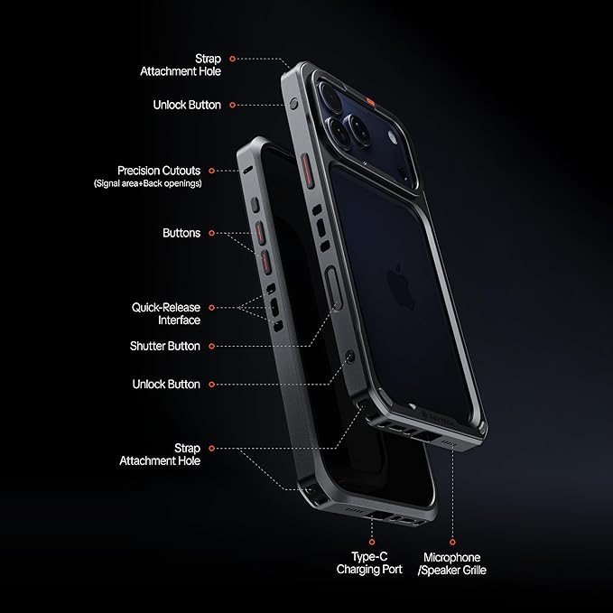 PGYTECH ProShot Phone Case for iPhone 17 Pro Max, Aluminum Alloy Protective Cage with 4 Expansion Ports, 3 Strap Holes & Silicone Liner for Heat Dissipation Black