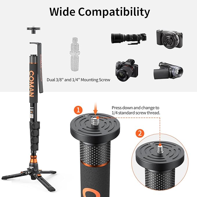 Monopod for Camera, COMAN Camera Monopod with Feet Q6 Fluid Head with Tripod Stand 71.25 inch Max Load 22 Lbs for Photography, Cameras, Canon, Nikon, Sony, DSLR, Video Camcorder