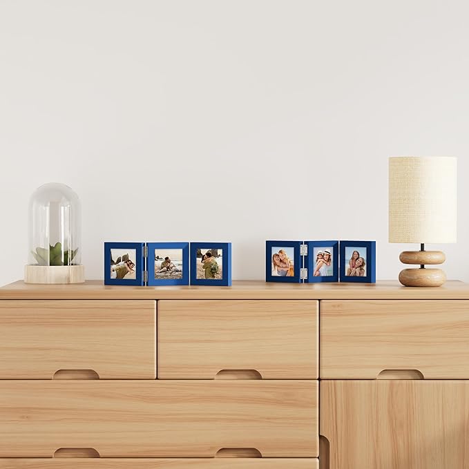 decorUhome Triple 4x4 Picture Frame Vertical, Engineered Wood Trifold Photo Frame with Plexiglass for Tabletop Display, 4x4, Royal Blue