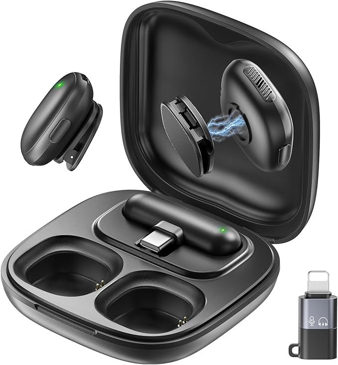 Mini Wireless Lavalier Microphone for iPhone/Android/PC/Tablets, Lapel Mics with USB-C/Lightning Plug, AI Noise Cancelling, Magnetic Mic, 40H Battery Life with Charging Case for Stream, Vlog, TikTok