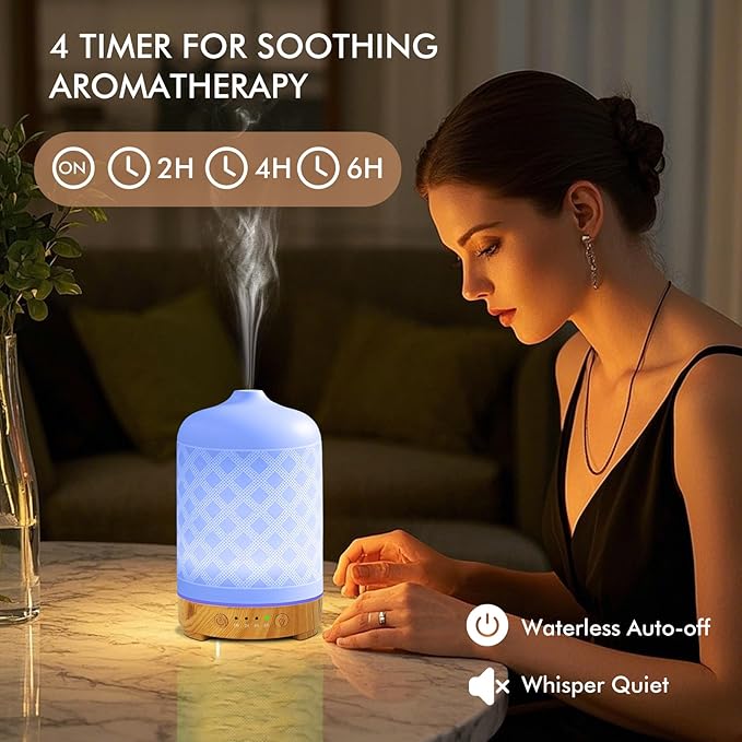 Essential Oil Diffuser 200ml-Ultrasonic Aroma Diffuser with 4 Timers, Aromatherapy Diffuser 7 Color LED Lights with Auto Shut-Off Protection for Home Office Yoga Gift (Ceramic White)