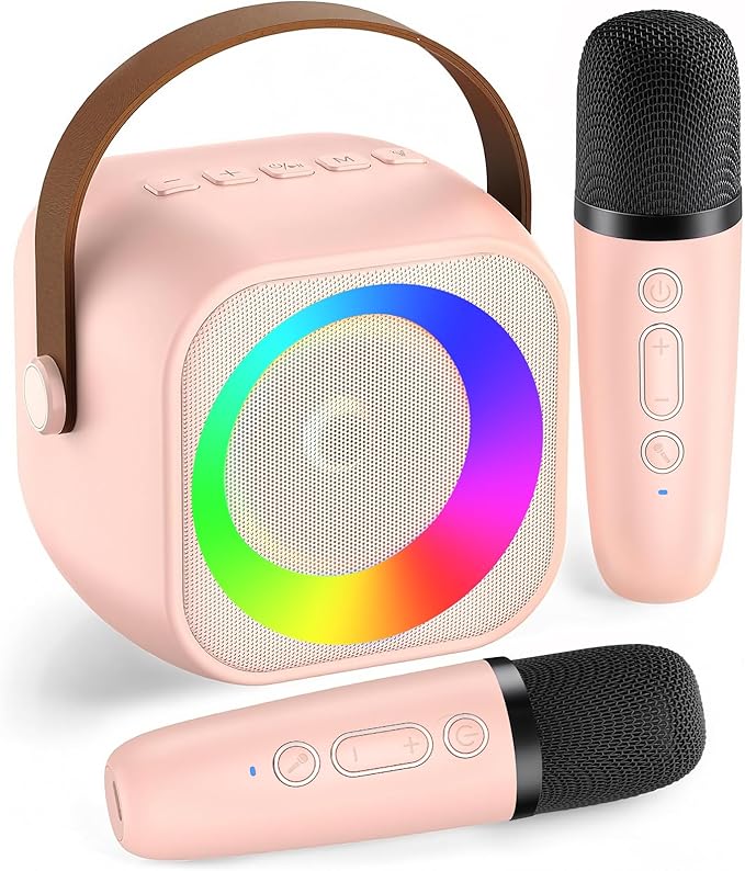 Mini Karaoke Machine, Portable Bluetooth Speaker with 2 Wireless Microphones for Kids & Adults, Karaoke Microphone with LED Lights, Gifts for Girls & Boys_Pink