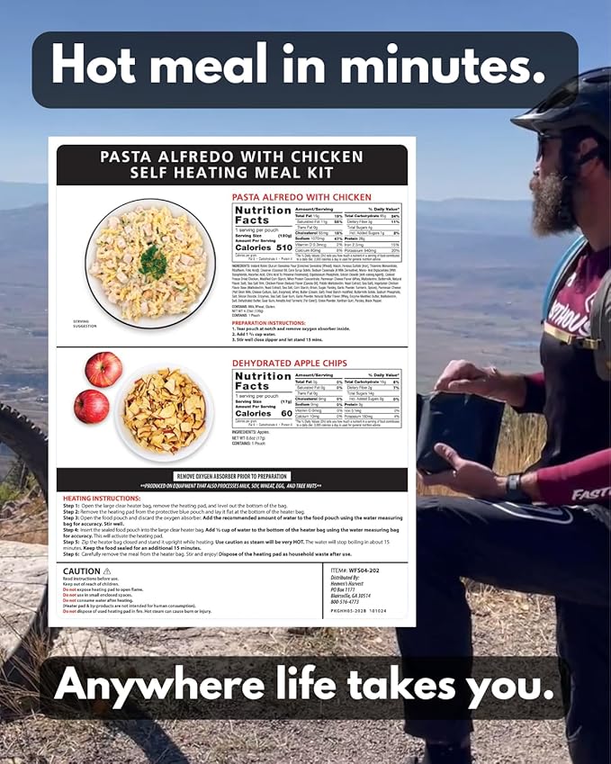 Heaven's Harvest Self-Heating Emergency Meal Kit (10 Year Shelf Life) — Tastier than MRE Meals & Ready-To-Eat in Minutes! Just add water to activate the “cooking” process. (Pasta Alfredo) (6-Pack)
