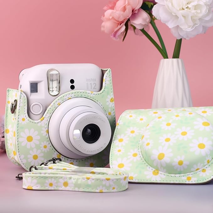 Frankmate Protective Case Fit for Fujifilm Instax Mini 12 11 9 8 Camera, PU Leather Camera Bag with Pocket and Adjustable Shoulder Strap (Green Daisy)