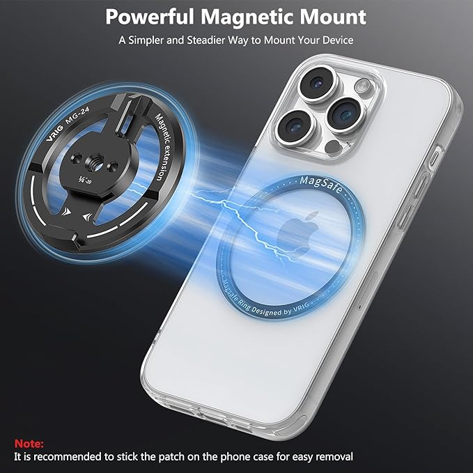 VRIG Magnetic Phone Tripod Mount Adapter with Adhesive Magnetic Ring Compatible with MagSafe iPhone 15 Pro Max 15 Plus 14 13 12, 1/4" Thread for iPhone Video Recording Selfie Stick Ring Light