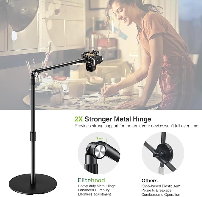 elitehood Overhead Phone Mount with Light for Video Recording, Adjustable Desk Ring Light with Stand and Phone Holder, Heavy Duty Overhead Camera Mount Tripod for iPhone Cooking Video, Filming Meeting