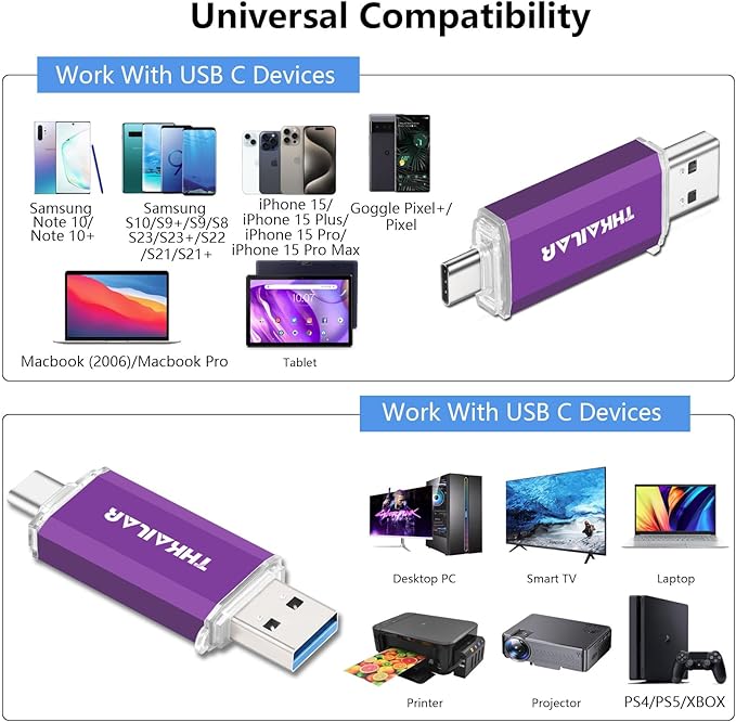 THKAILAR 64GB USB C Flash Drive 5 Pack, Dual USB-A & Type-C Flash Drive, USB 3.0 Memory Stick for iPhone 15/16, Android, Mac, PC