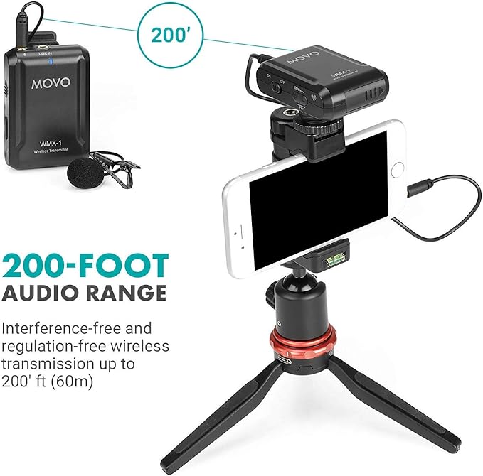 Movo WMX-1 2.4GHz Wireless Lavalier Microphone System Compatible with DSLR Cameras, Camcorders, iPhone, Android Smartphones, and Tablets (200' ft Audio Range)