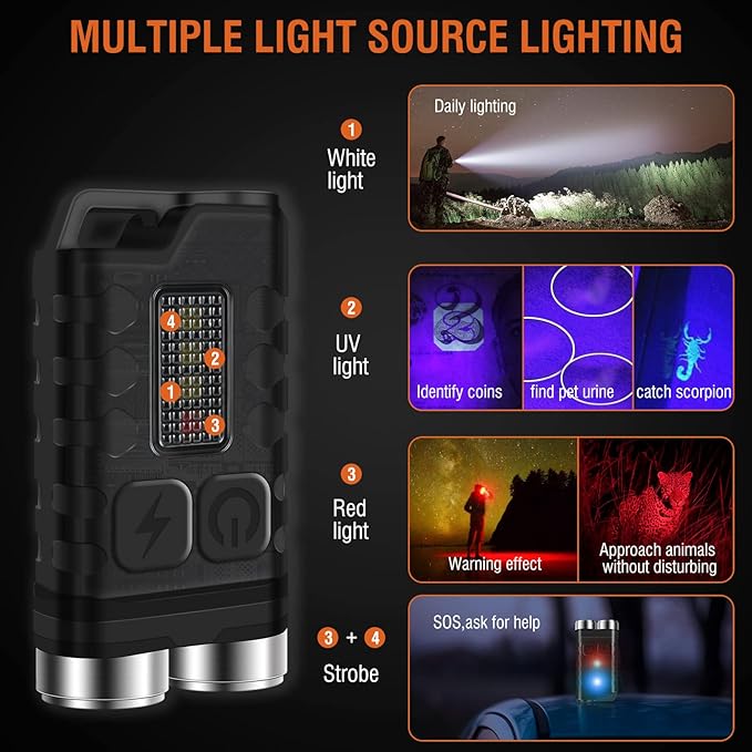BORUIT V3 Small Powerful EDC Flashlight with Red UV Blue Light -Super Bright Rechargeable Mini Pocket LED Keychain Flash Light - 10 Mode, USB-C, IP65 Waterproof, Magnet