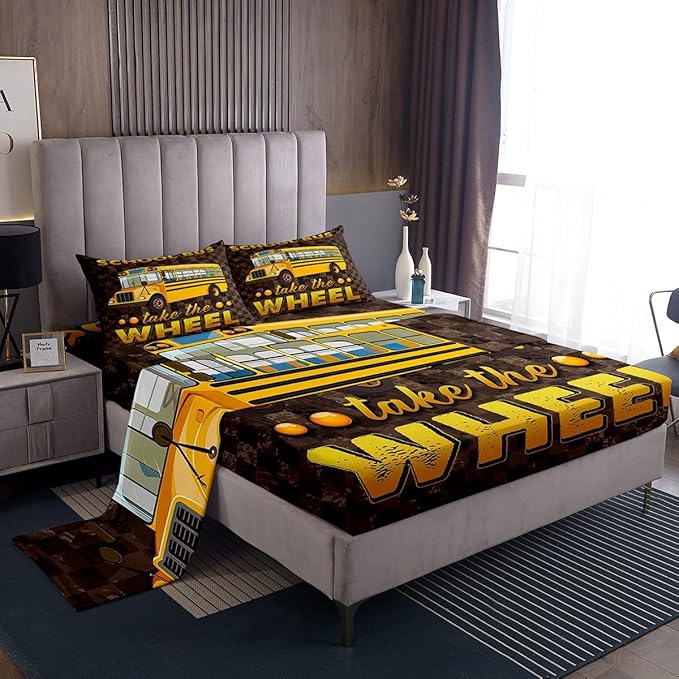 Erosebridal School Bus Sheet Set Twin for Boys Teens Grids Camouflage Flat Sheet Kids Girls Youth School Car Fitted Sheet Lattice Camo Design Soft Microfiber Bed Sheet Set with 1 Pillowcase