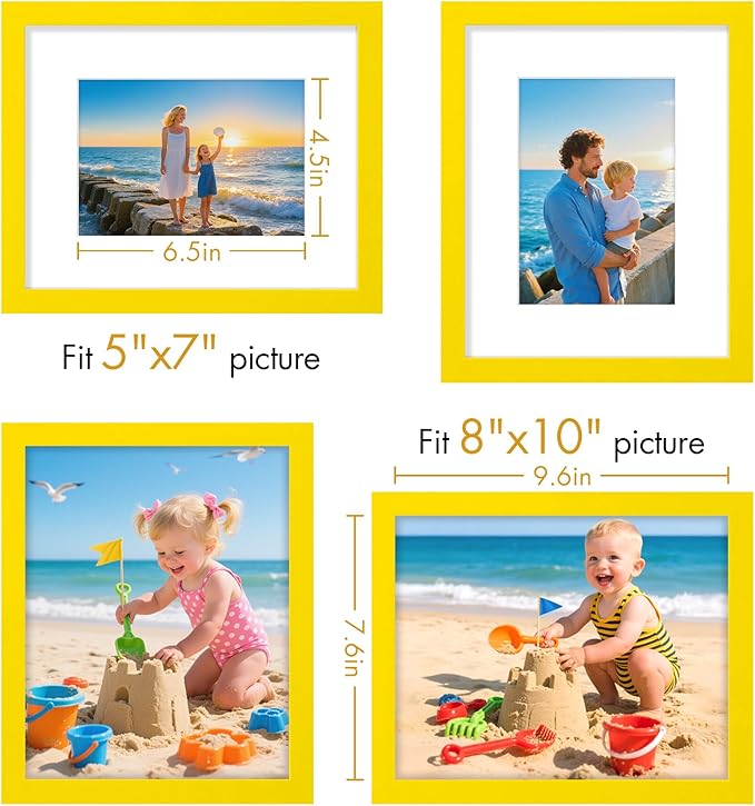 Vittanly 8x10 Picture Frame, Made of Solid Wood and Shatterproof Plexiglass, Display Pictures 5x7 with Mat or 8x10 without Mat, Wooden Photo Frame for Wall Mounting or Tabletop Display, Yellow, 1 Pack