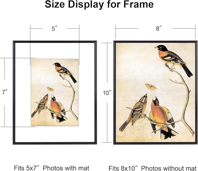 BKABOT 8x10 Picture Frame, Black Aluminum Metal Photo Frames with HD Glass, Fits 5x7 with Mat or 8 x 10 without Mat, Display for Wall and Table