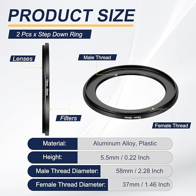PATIKIL Step Down Ring Adapter 72mm to 55mm, 2 Pcs Filter Step-Down Rings Camera Lens Filters Metal Ring Digital for ND IR DSLR Lenses, Black