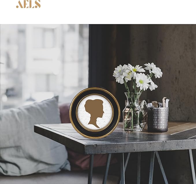 AELS 4x4 Inch Vintage Picture Frame, Elegant Antique Photo Frames with Glass Front, Photo Display, Tabletop Wall Hanging, Gift Ideas, Black Round with Gold Trim