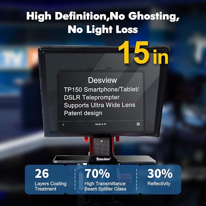 Desview TP150 teleprompter 15 inch High Display Mirror Aluminum Alloy Teleprompter with Remote Control Compatible with ipad DSLR Camcorders Easy Assembly with Carry Case for Video Making