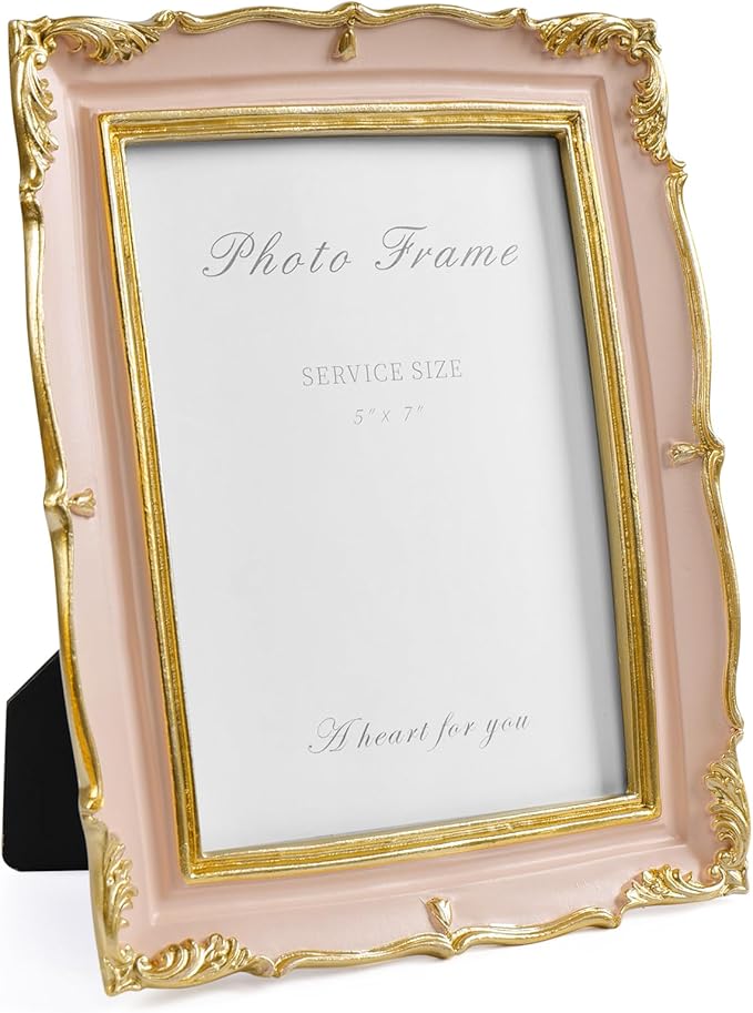 5x7 Pink Picture Frame, Vintage Pink and Gold 5 by 7 Antique Photo Frames, Ornate Textured Hand-Crafted Resin Frame with Glass Front for Tabletop Display or Wall Hanging, Retro Design Home Decor
